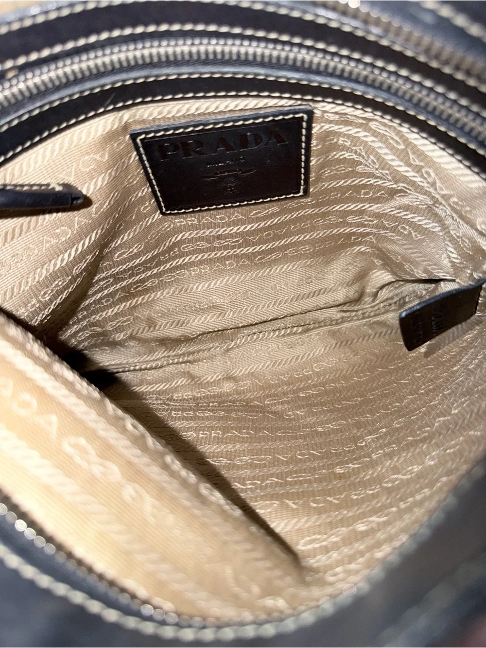 Prada Beige Canvas Messenger Bag with Black Trim
